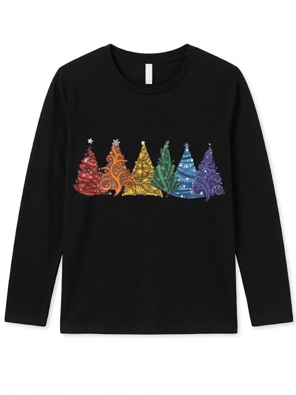 Black Long-Sleeve Tee with Rainbow Tree Graphic